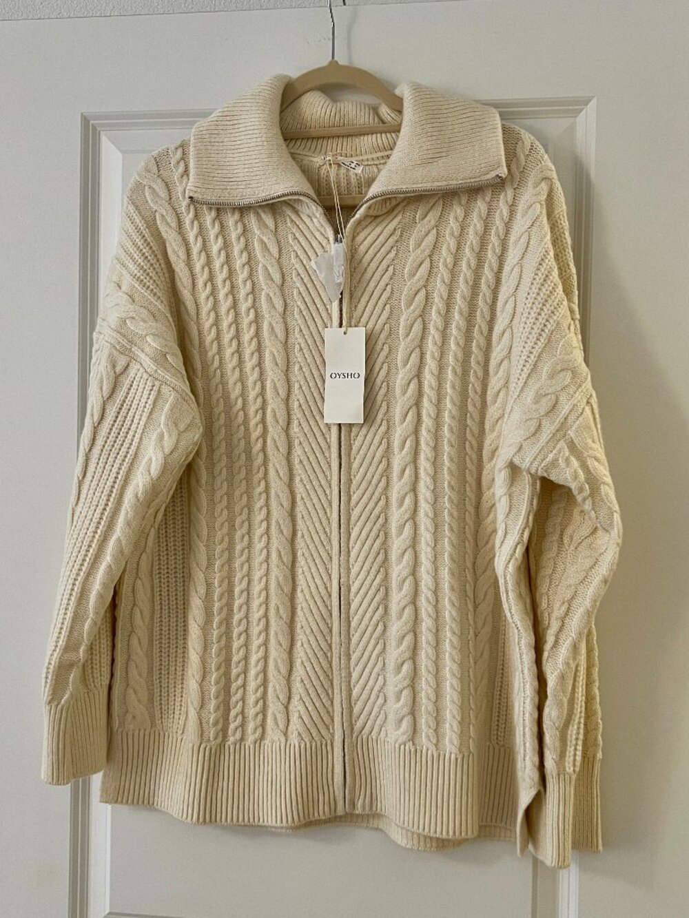 Oysho Cream Cable Knit Zip Collared Cardigan Sweater, NEW
